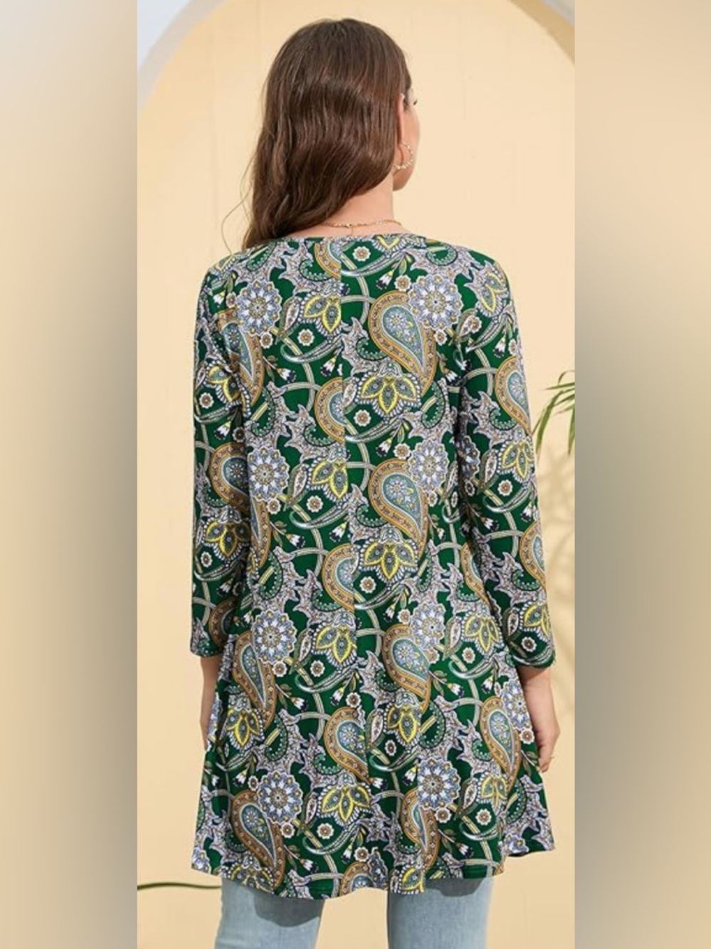 MWT- 2XL Gold Paisley 3/4 Sleeve Tunics Dressy Casual Loose Blouses Swing Flare - Picture 4 of 10